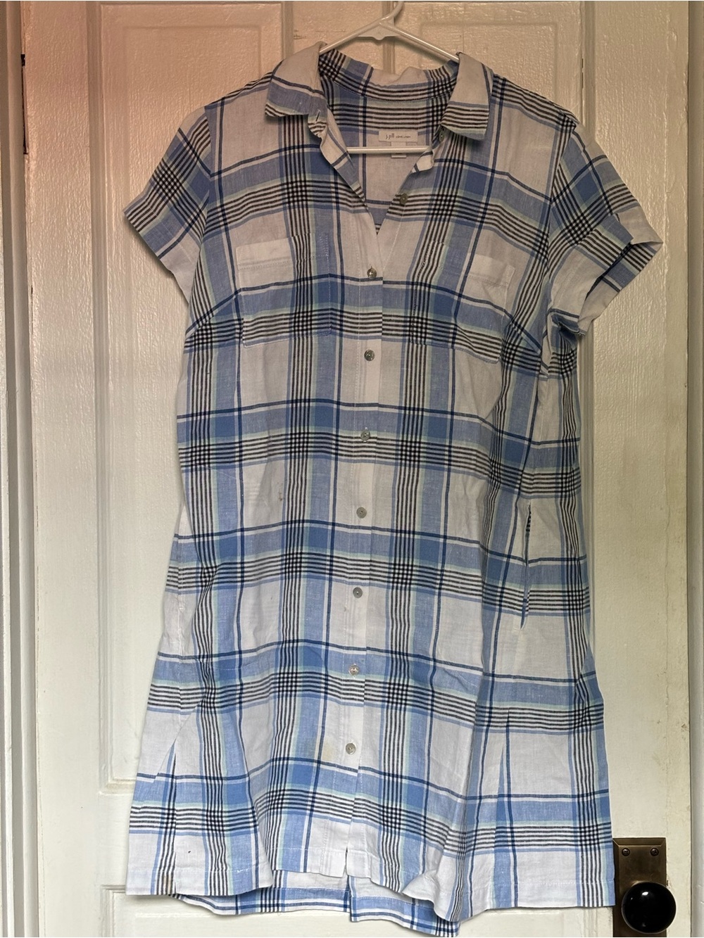 J.Jill Love Linen Blue Plaid Shirtdress Size S Petite